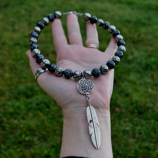 Collier Tuuwa - Obsidienne Flocon de neige et Pierre de Lave