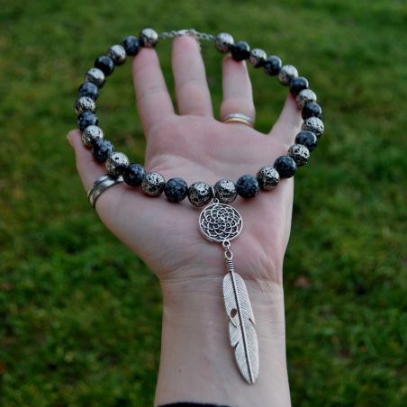 Collier Tuuwa - Obsidienne Flocon de neige et Pierre de Lave