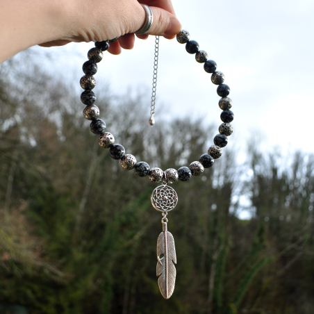 Collier Tuuwa - Obsidienne Flocon de neige et Pierre de Lave